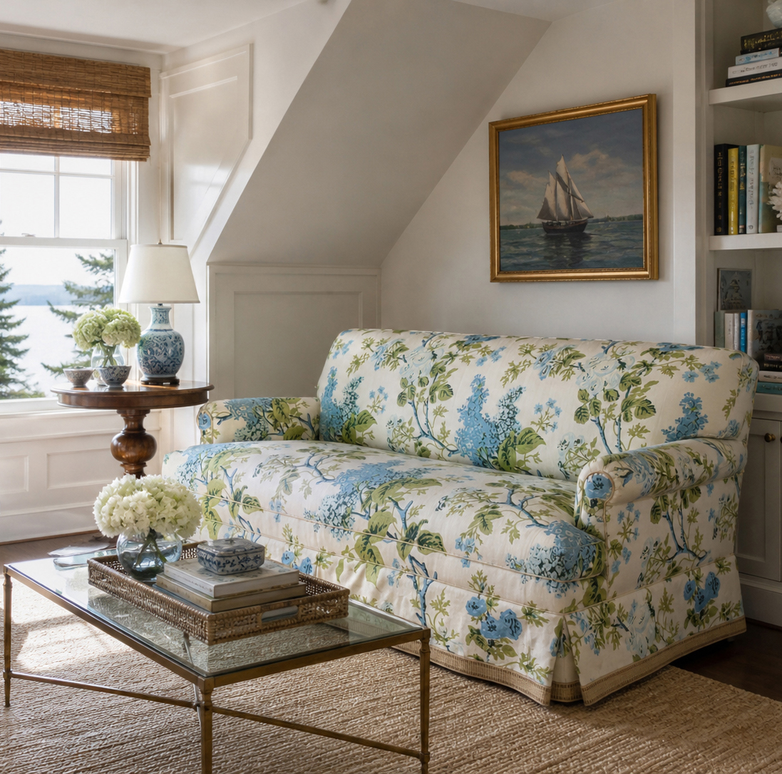 Quadrille Louisa Floral sofa in use Maine