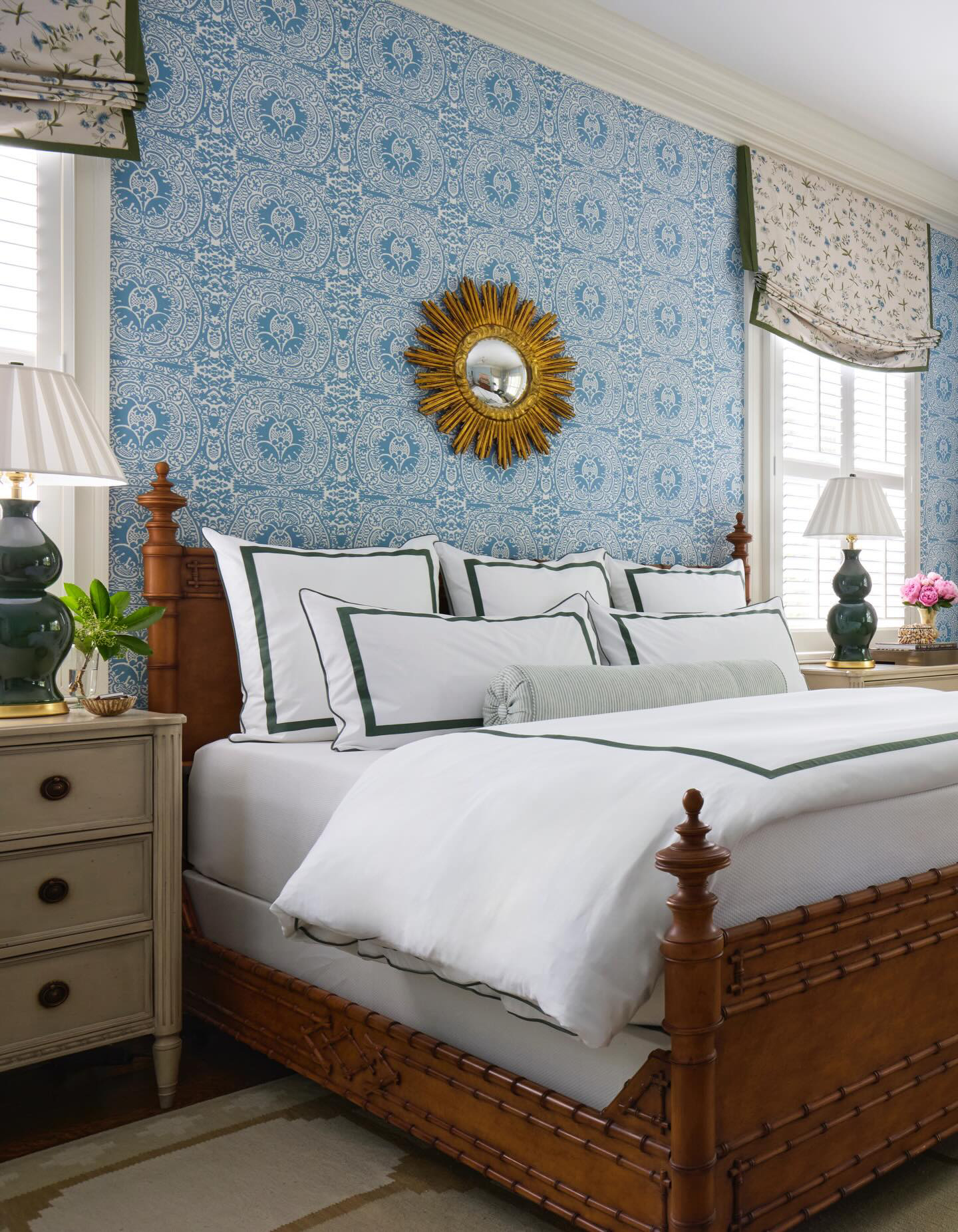 Quadrille Veneto wallpaper bedroom Ashley B Hanley photography Kip Dawkins