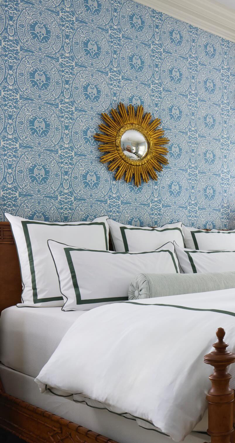 Quadrille Veneto wallpaper bedroom Ashley B Hanley photography Kip Dawkins