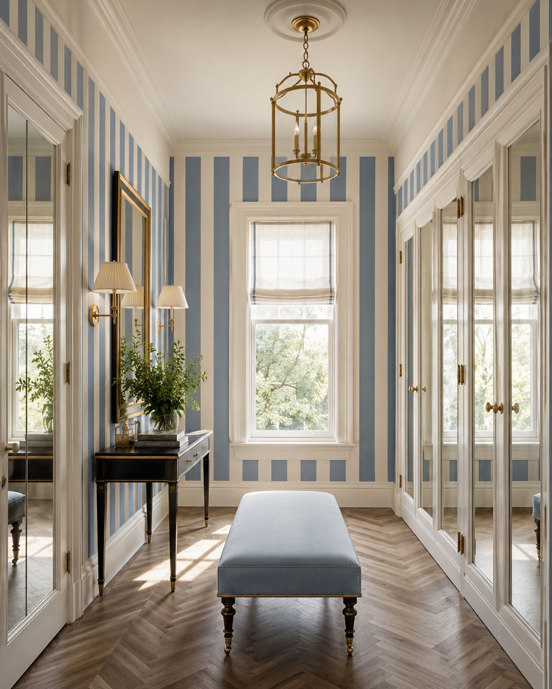 China Seas Zalaznick Stripe wallpaper foyer Wedgewood Indigo Light Blue