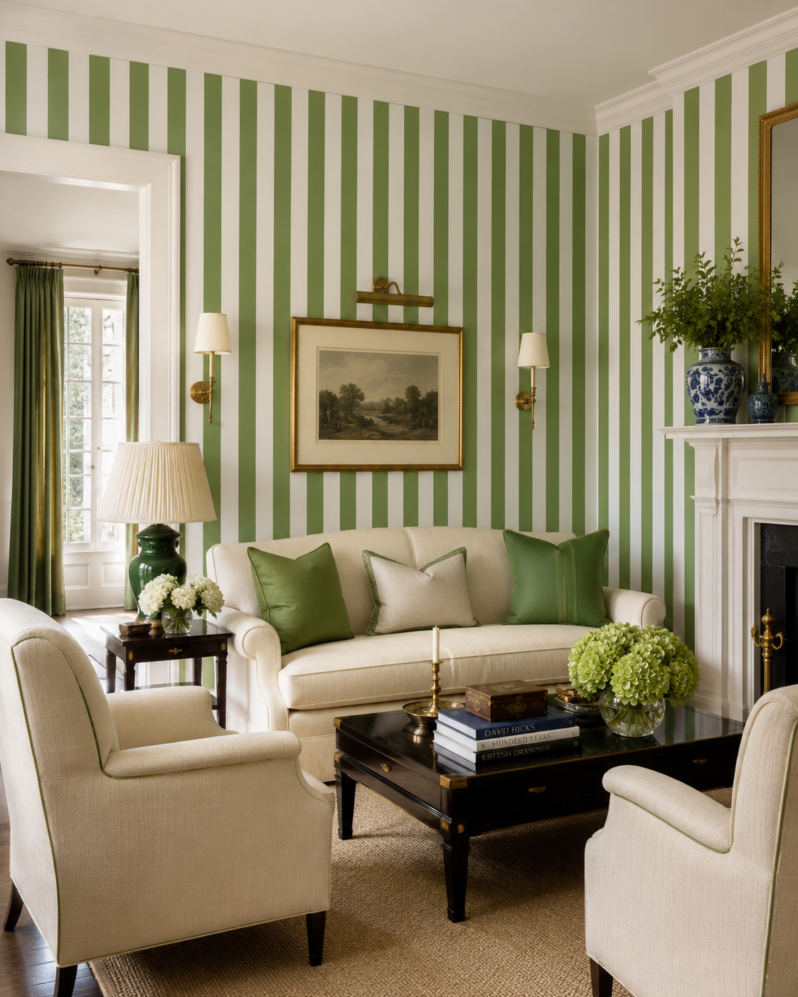 China Seas Zalaznick Stripe wallpaper sitting room Garden Green Light Blue
